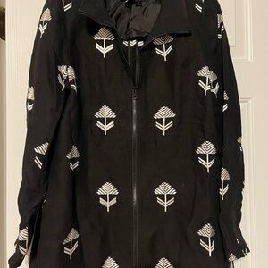 Nina McLemore Linen Blazer Jacket Size 6 / 8 Black White Stitching Geometric